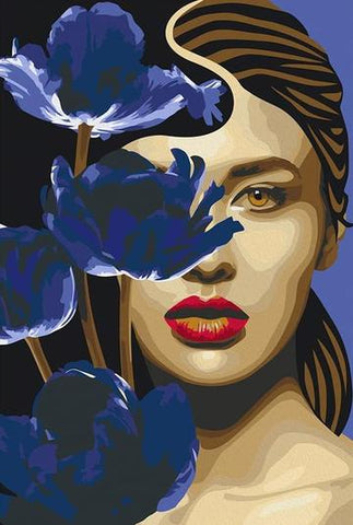Nő Kék Virágszálakkal - számfestő készlet